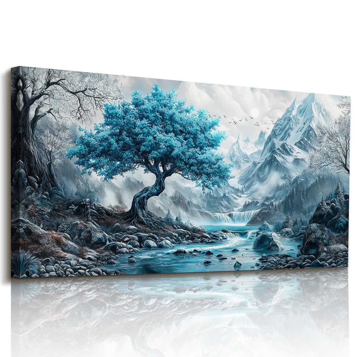 Tree of Life Large Wall Art Mountain Landscape Office Decor Blue (Teal Mountain Tree / 40"L x 20"W)