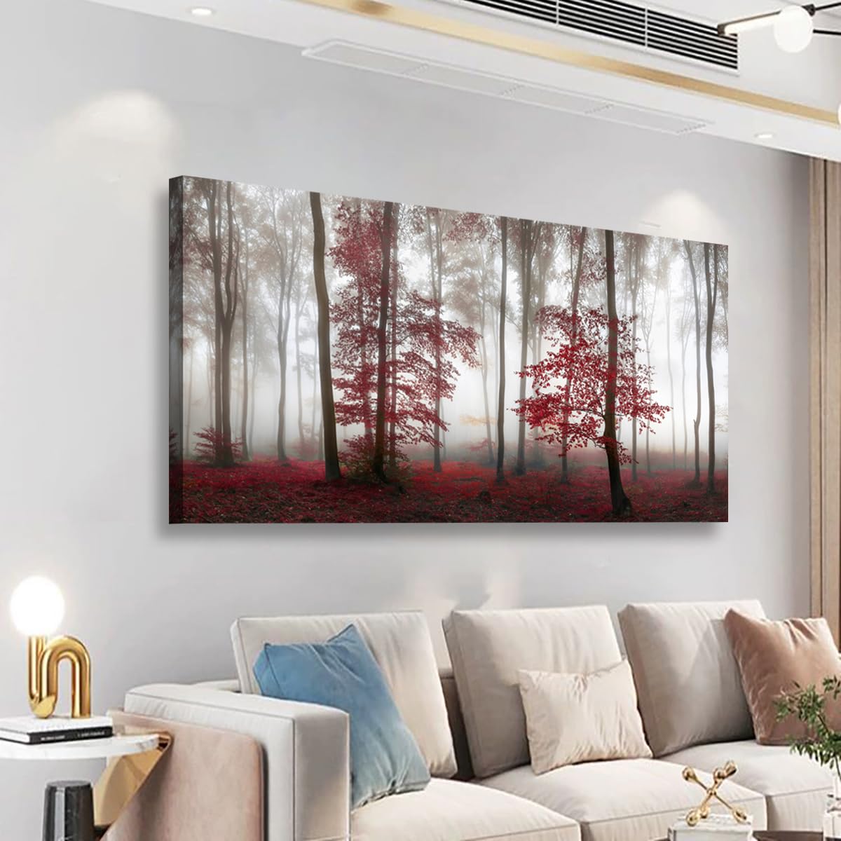 Misty Forest Pictures Canvas Wall Art for Living room Office Bedroom Wall Decor (40"L x 20"W / Misty Red Forest)
