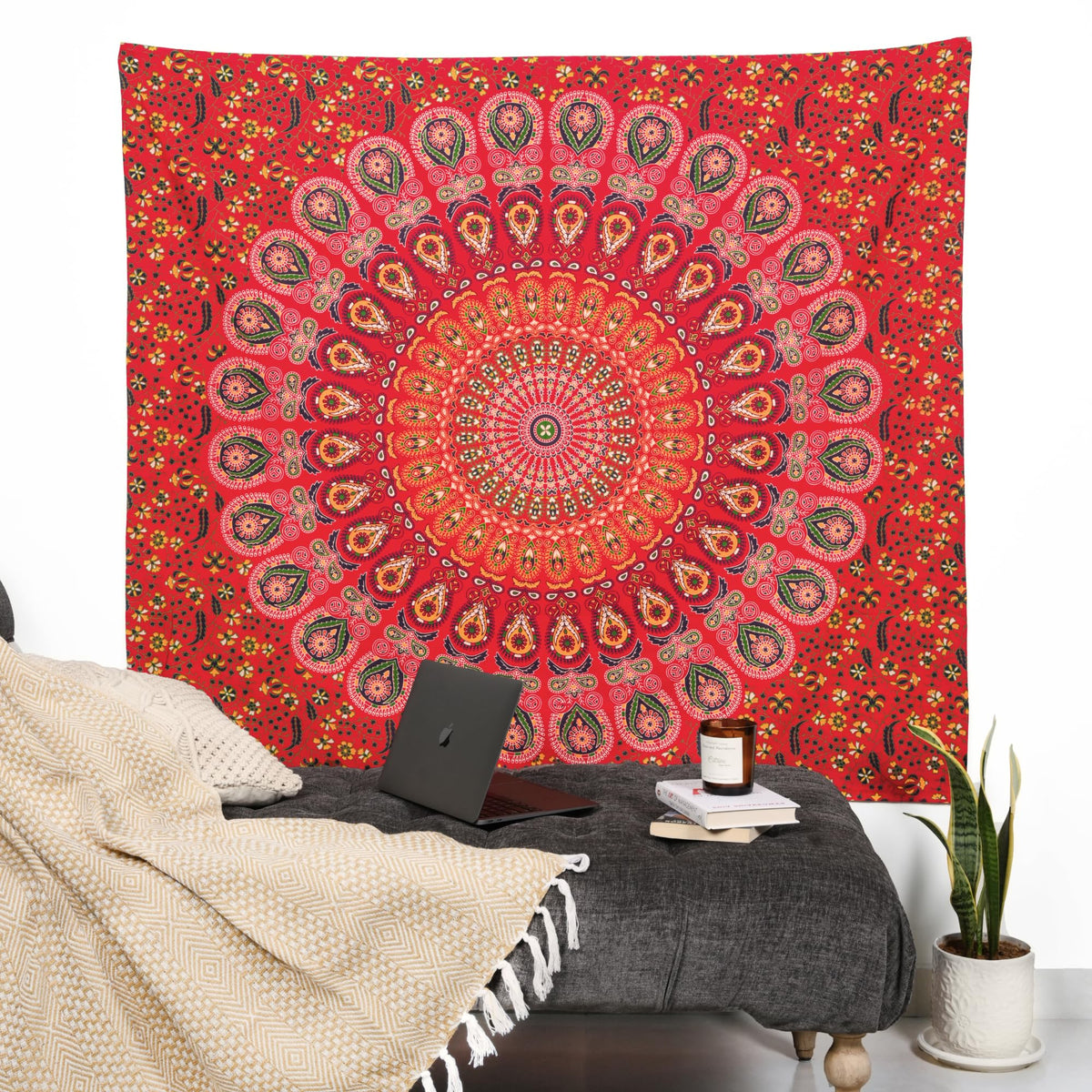 Golden Red Round Mandala Tapestry 30x40 Inch for Bedroom and Living Room Table Decor Boho Bohemian Cotton Tapestries (Golden Red / 30"L x 40"W)