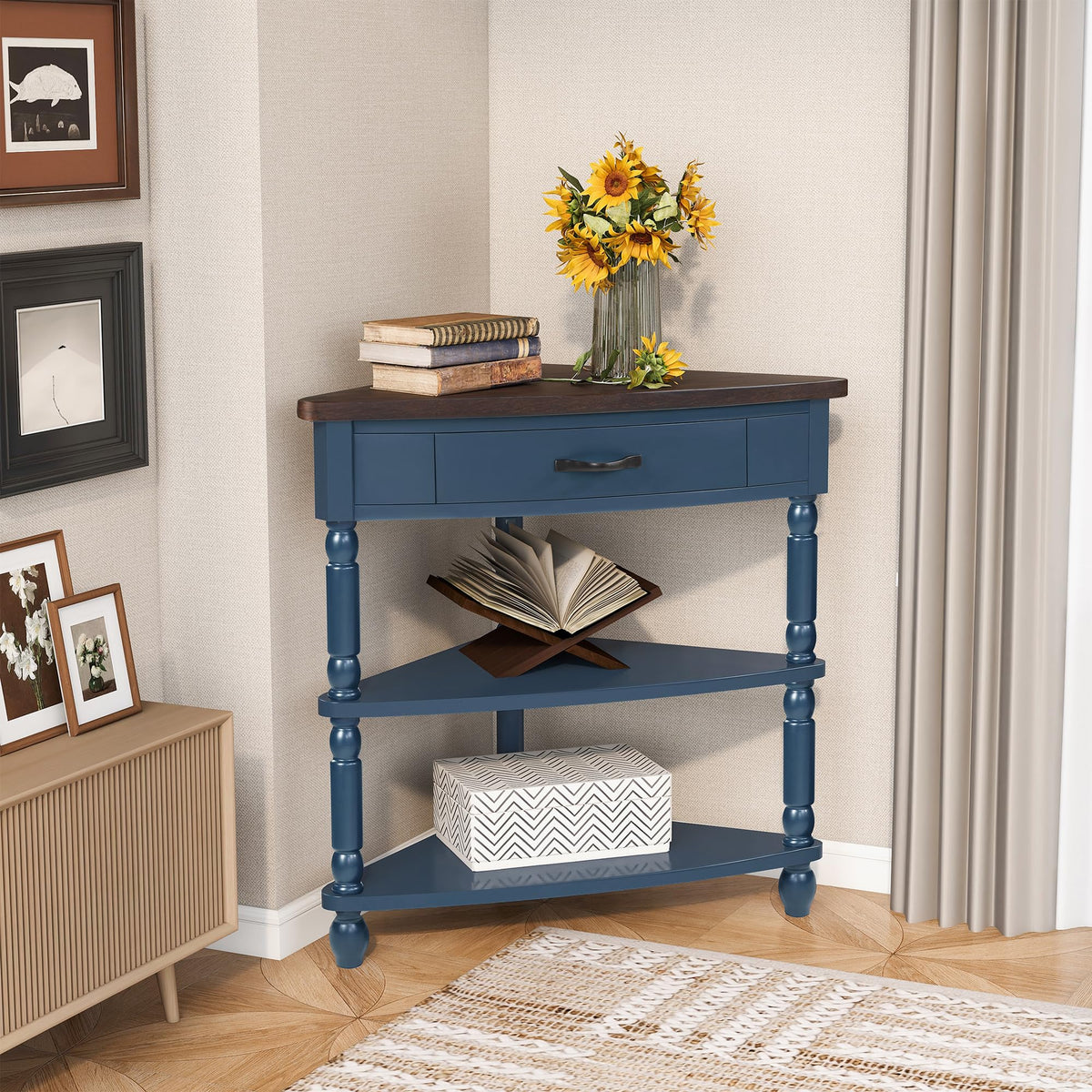 Small Triangle Corner Table Wood Corner Side Tables with Drawer & 2 Open Shelves 3 Tier End Corner Table with Solid Wood Legs for Small Spaces Living Room (33.86"L x 20"W x 34.57"H / Navy Blue)