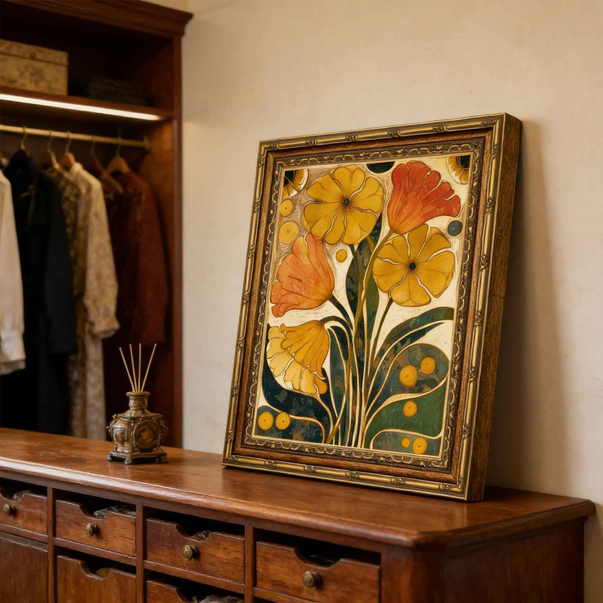 Abstract floral Canvas Wall Art Framed Boho Orange Flower Decor Picture Vintage Medieval Mustard Yellow Plant Bedroom Living Poster Prints for Dining Study Office Corridor Room Resort Home Decoration (flower / 11"L x 9"W)