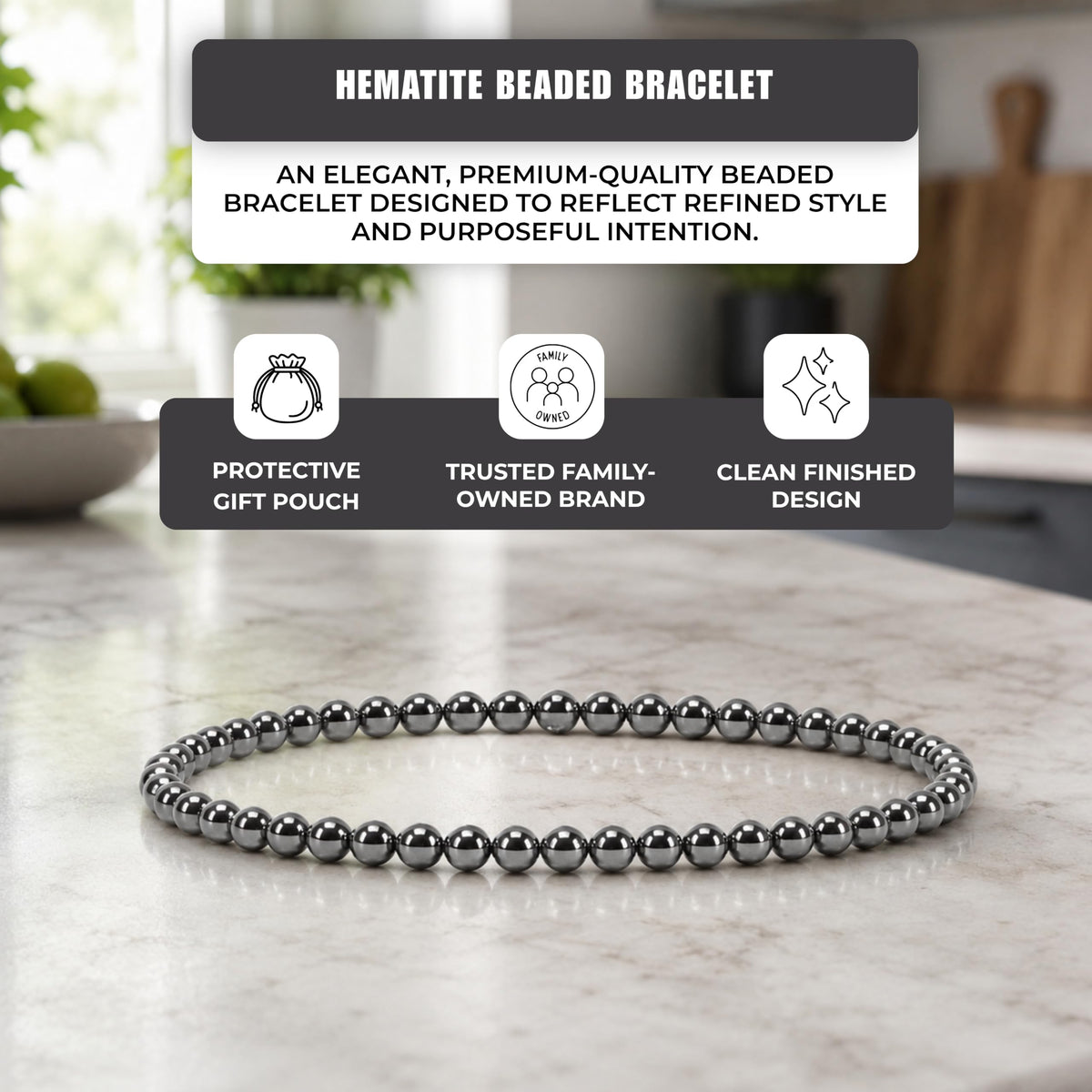 Hematite Bracelet 4mm Beaded Bracelet (Hematite / Medium)