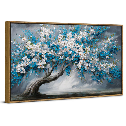 Extra Large Daisy Wall Art Vintage Tree of Life Texture Framed Wall Decor Blue White Flower Canvas Prints Contemporary Artwork Abstract Floral Picture for Living Room Bedroom Home Decoration 35x70 (35"L x 70"W / Blue White Tree)