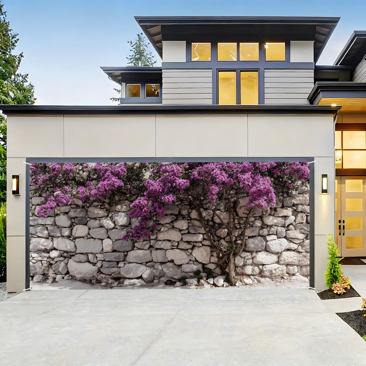 Garage Door Banner Cover 6x13 ft (Bougainvillea on a Stone Wall)