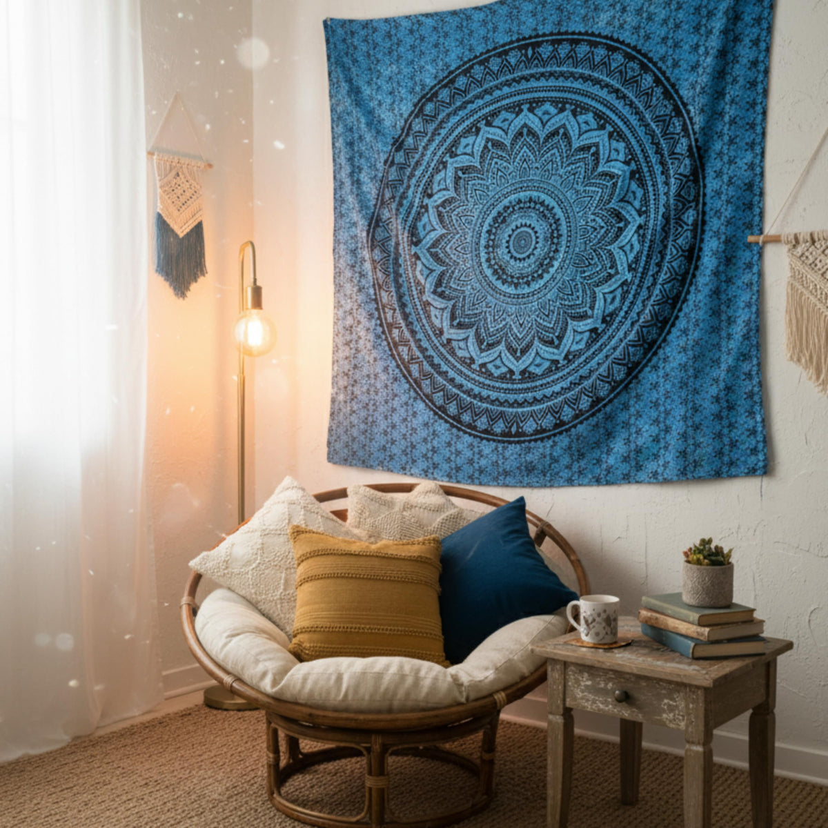 Hand Block Printed Cotton Mandala Wall Tapestry (Blue / 60"L x 50"W)