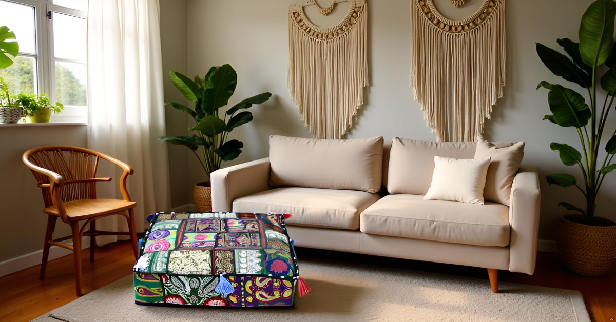 Indian Square Patchwork Traditional Pouf Cover Indian Living Room Poufs Decorative Embroidered Designer Ottoman Home Footstool Chair Cover Decor Pillow Cover 16x16x5 inches (16"D x 16"W x 5"H / Dark Green)