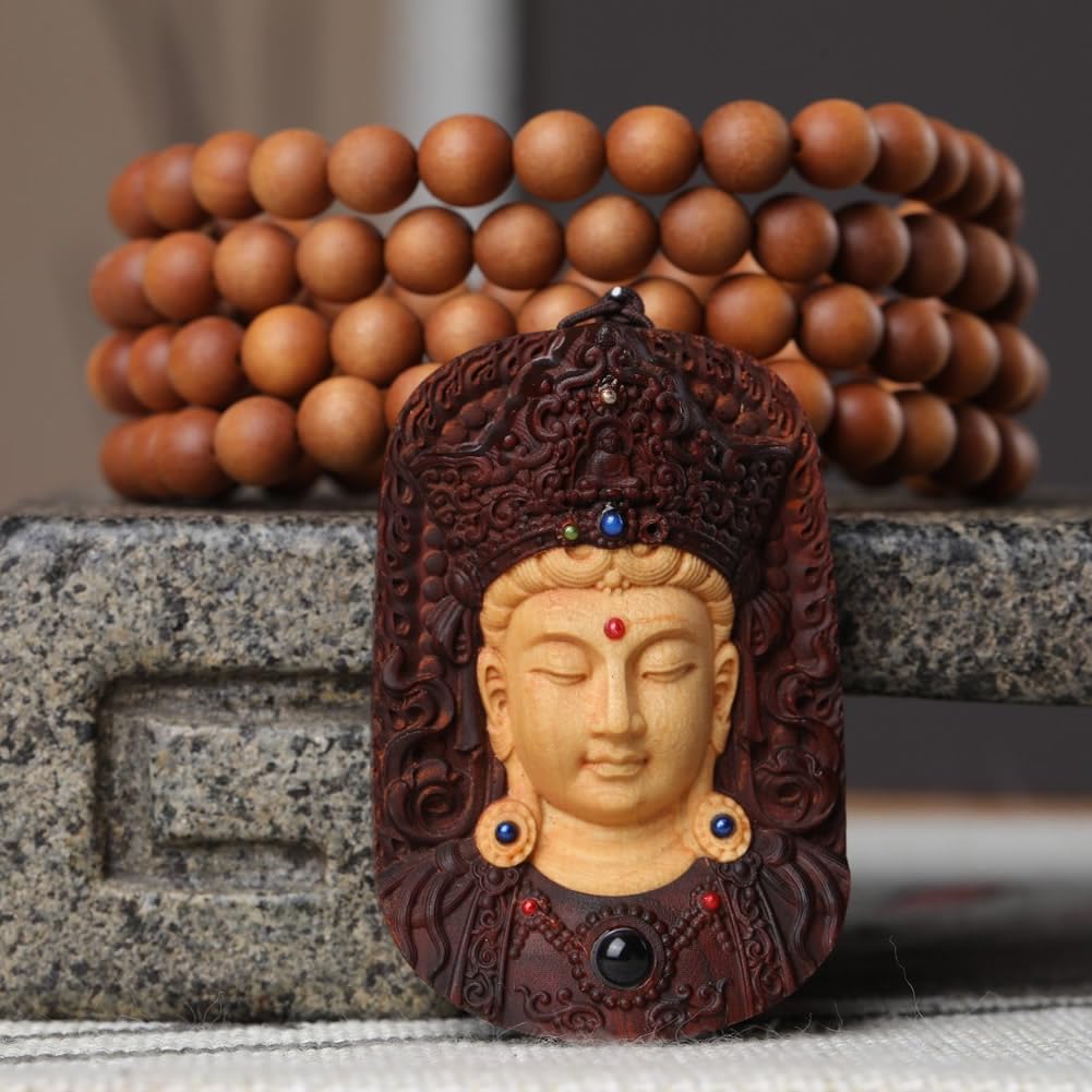 Unisex Teak Wood Prayer Beads Buddha Buddhist Bead Japa Mala Necklace Bracelet Bead (8mm x 108 beads + GuanYin)