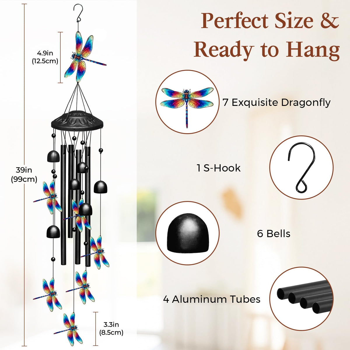 Metal Dragonfly Wind Chimes Hanging Outdoor Garden Yard Decor (Bluered)