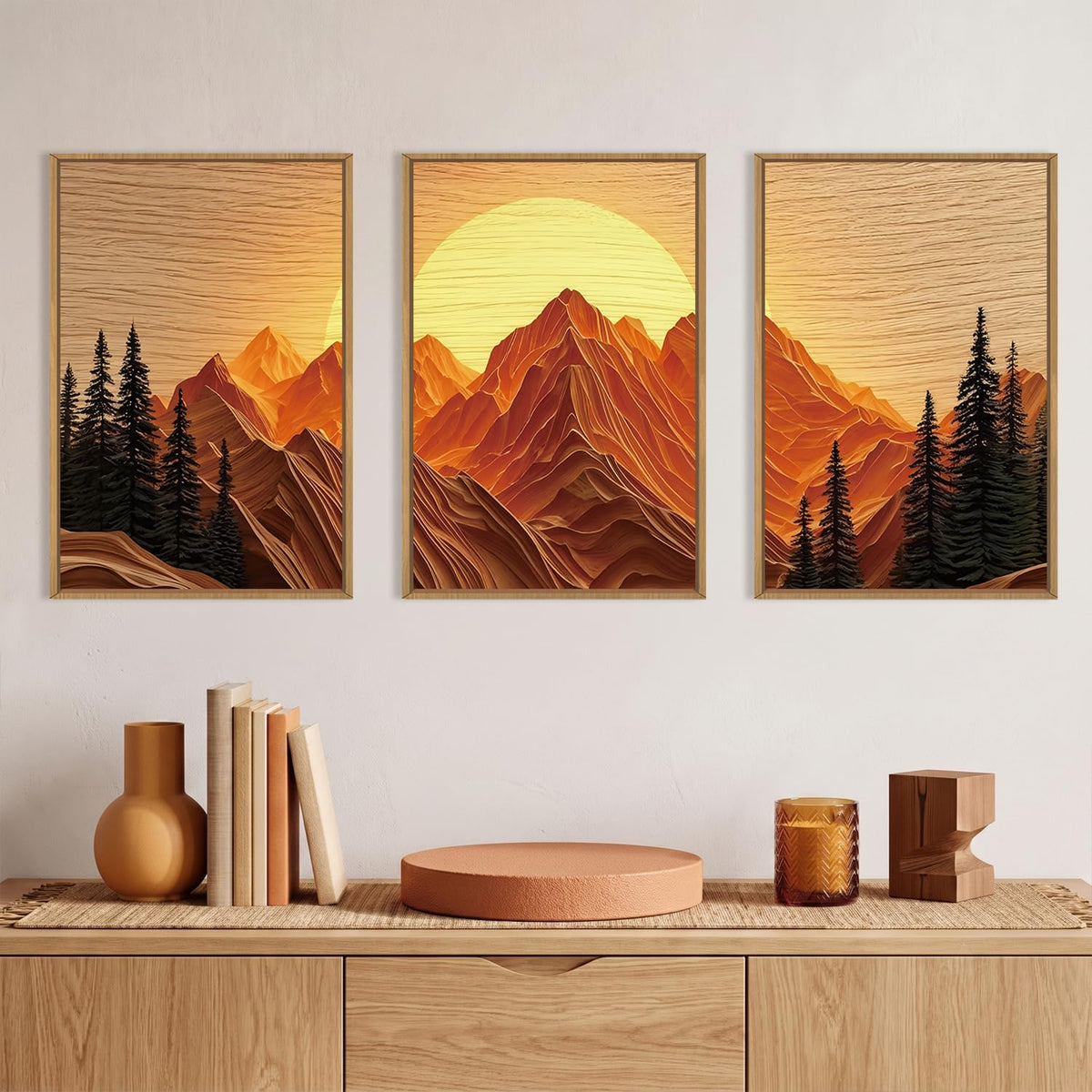 Large Boho Golden Mountain Framed Canvas Wall Art Set (Sun Mountain Wall Art / 16"L x 24"W)