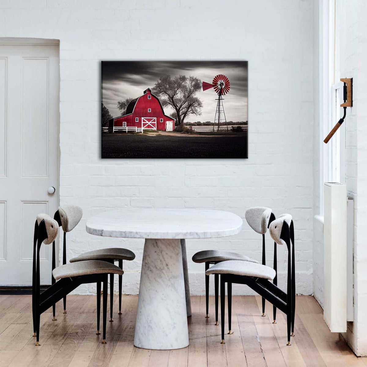 Country Wall Art Large Farmhouse Old Red Barn Canvas Picture Wood Artwork for Home Rustic Farm Scene Windmill Painting Bedroom Living Room Black and White Nature Country Landscape Wall Decor 24x36" (36"L x 24"W / Red Bran)