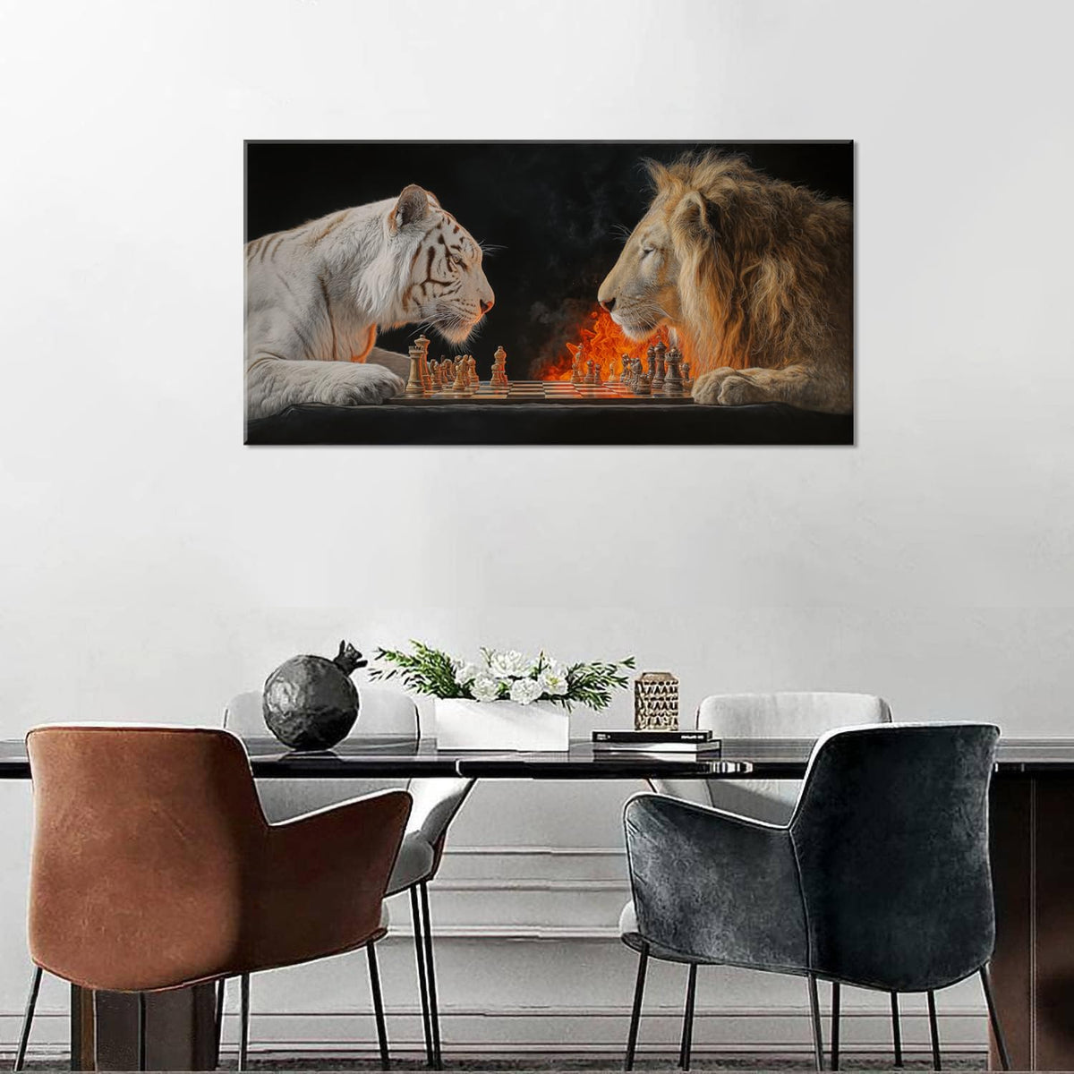 Gold Tiger Lion Chess Wall Art for Living Room Office Realistic Strategic Chess Match Symbolic Painting Prints Wildlife Canvas Artwork Dining Bedroom Decor Large (Abstract / White Gold Tiger Lion Chess Tree Wall Art / 46L" x 23W")