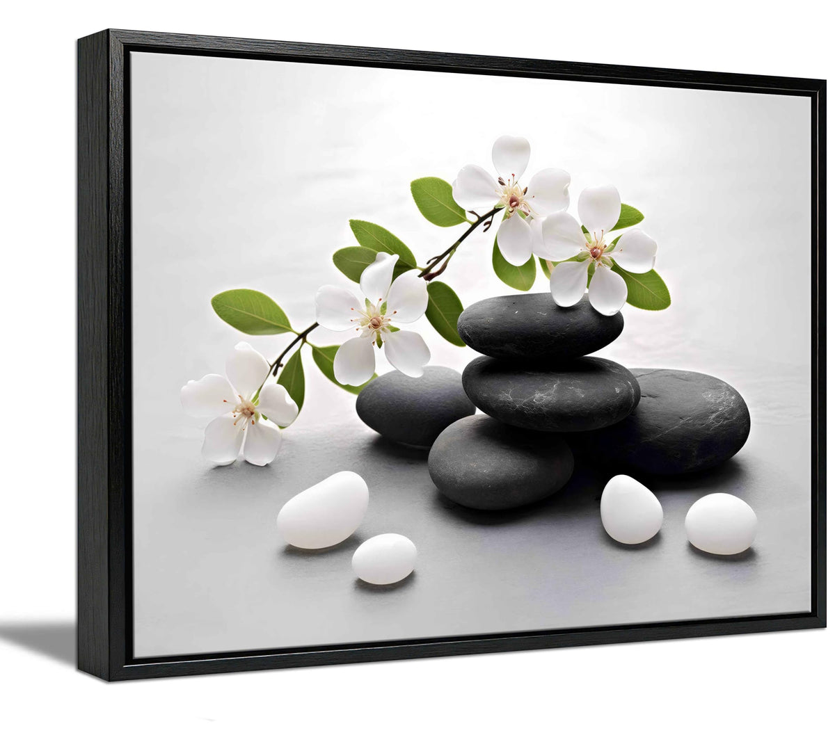 Framed Zen Stone Flower Canvas Wall Art Orchid Flower Black White Zen Stone Picture Wall Decor Still Life Poster Print Artwork for Bathroom Yoga Room Spa Room Meditation Room Office Home Decoration (Framed Stone / 24"L x 16"W)