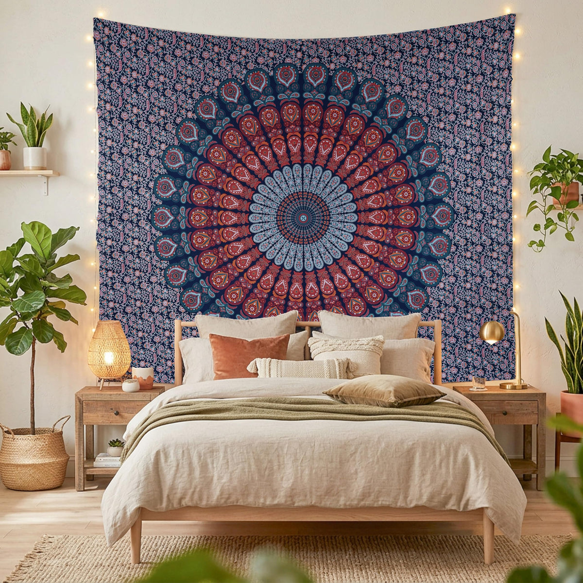 Handmade Cotton Peacock Mandala Tapestry (40"L x 30"W / Golden Blue)