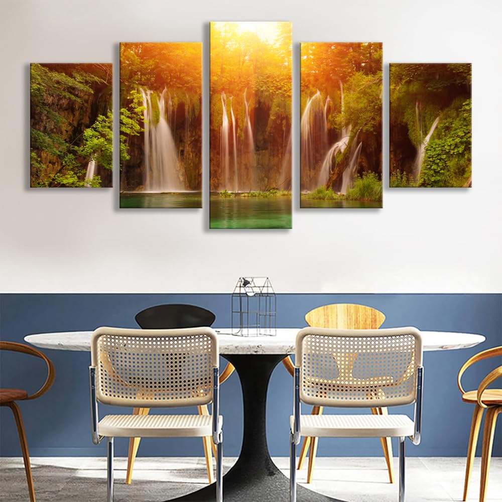 Wall Art Canvas Painting golden Forest Waterfall 5 Piece Mountain River Water Stream and Tree Picture Poster Print Framed and Stretched Ready to Hang for Living Room Bedroom office Artwork (16x24inchx2,16x32inchx2,16x40x1 / Artwork171)