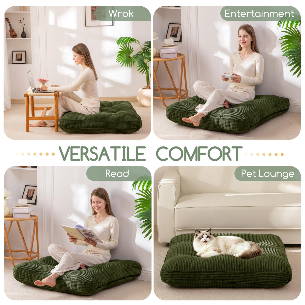 35" Floor Pillow Cushion for Adults (Dark Green / 4" Thick Square)