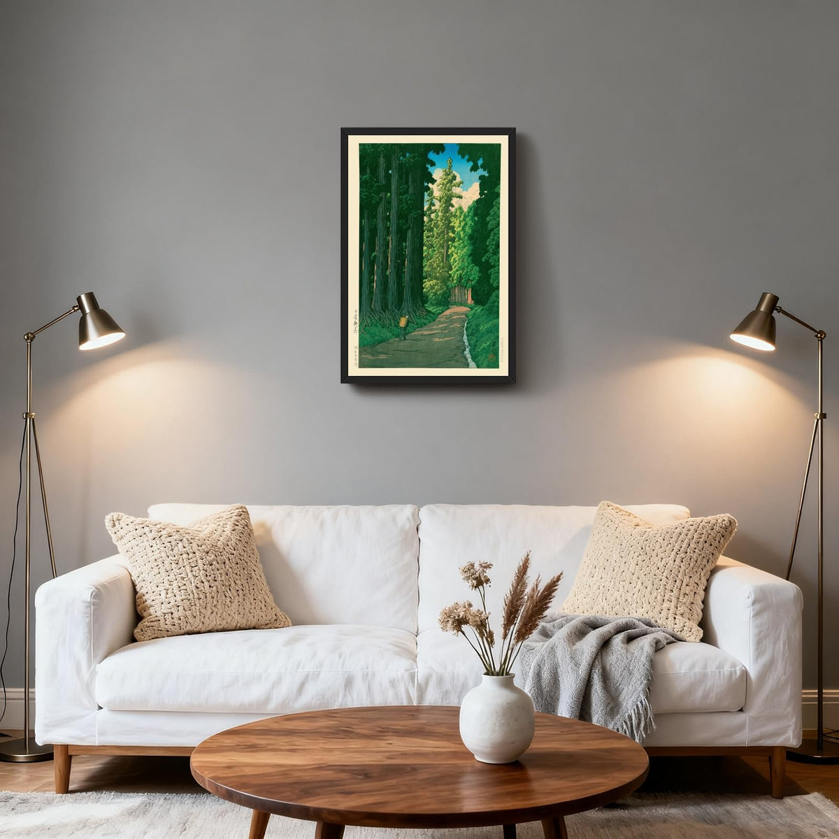 Black Framed Japanese Forest Wall Art Road to Nikko Canvas Poster Vintage Asian Landscape Nature Painting Prints Janpan Style Garden Ukiyo (12"L x 16"W / Landscape - Black Frame)