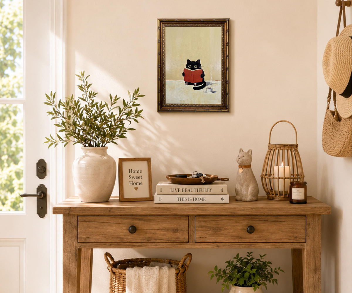 Vintage Gold Framed Cute Black Cat Canvas Wall Art (Antique Gold, Black, Red, Beige / 12"L x 16"W)