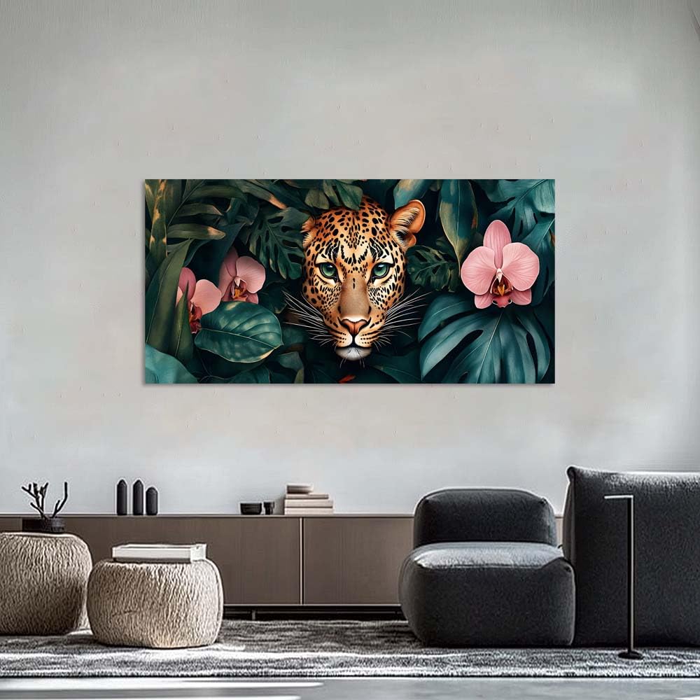 Tropical Jungle Leopard Canvas Wall Art Dark Green Monstera Leaves Pink Orchid Flower Wildlife Painting Print Gallery Wrapped Artwork for Living Room Living Room Bedroom Bathroom Decor (Abstract / White Leopard Jungle 2 / 58"L x 28"W)