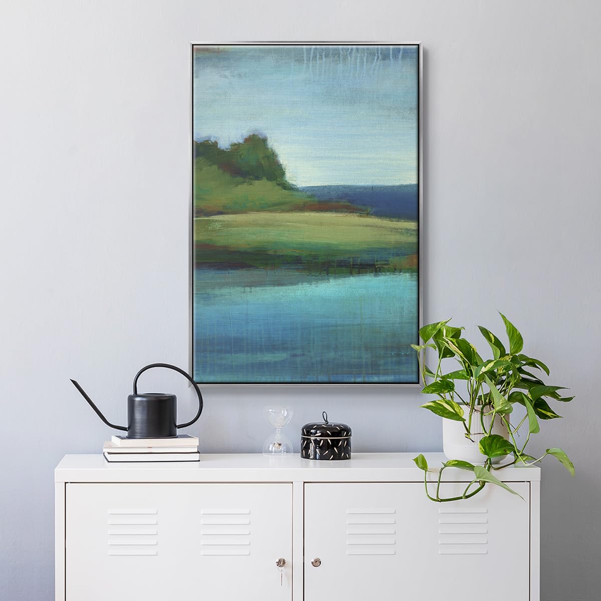 Canvas Nature Wall Art Home Paintings & Prints Green Calm Valley along Lakeside Abstract Silver Floater Frame Decorations for Office Kitchen Living Room (41"L x 27"W / Silent Lakeside I)