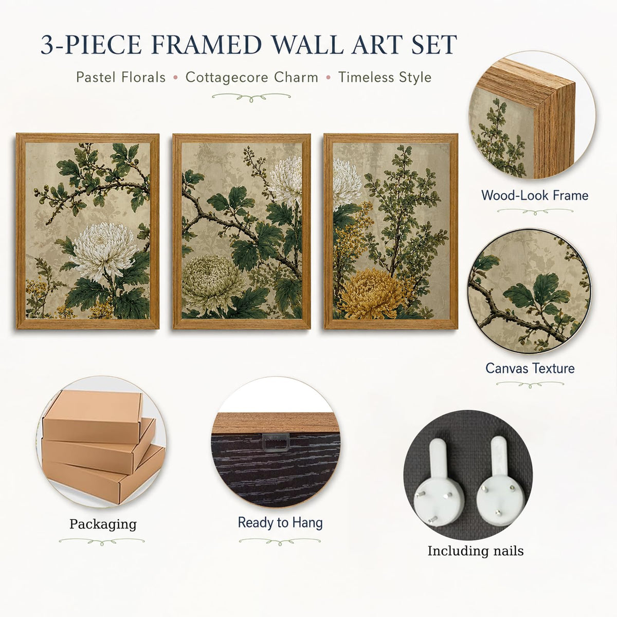 Vintage Chrysanthemum Framed Wall Art Set of 3 (Vintage chrysanthemum / 24"L x 16"W)