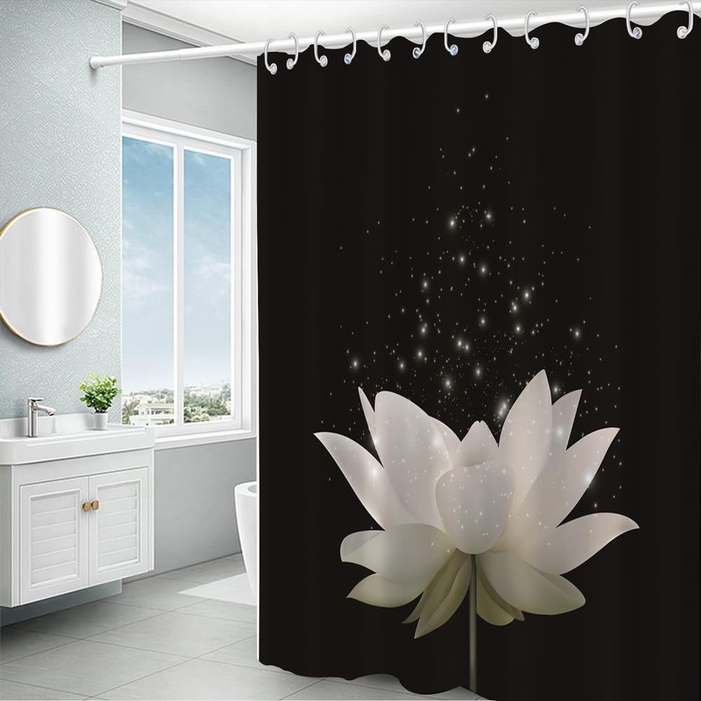 Spa Lotus Shower Curtains for Asian Zen Spa Washroom Decor Waterlily Floral Blossom Minimalist Black Bath Curtain for Bathroom Decor Art Print Waterproof Polyester Fabric with Hooks (60"W x 72"L (Pack of 1) / Black)