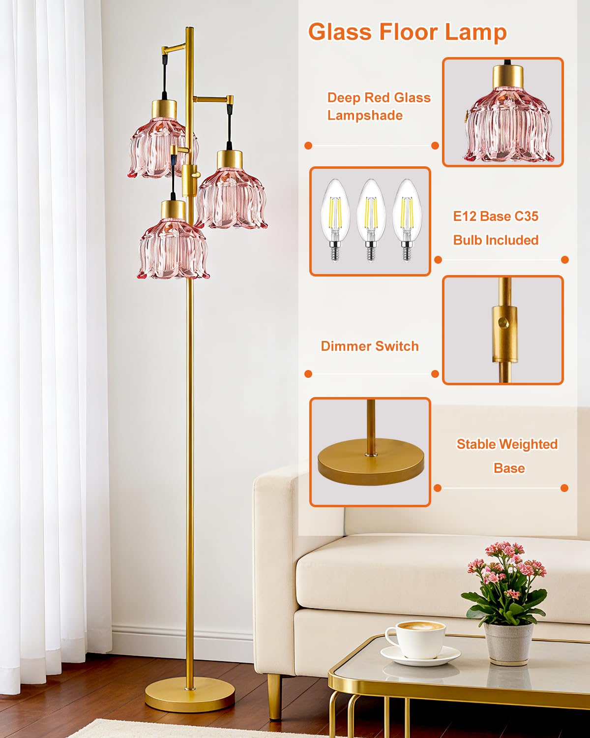Floral Floor Lamp Dimmable Floor Flower Lamp Red Glass Shade (3 Deep Red Cloche Hat-Gold)