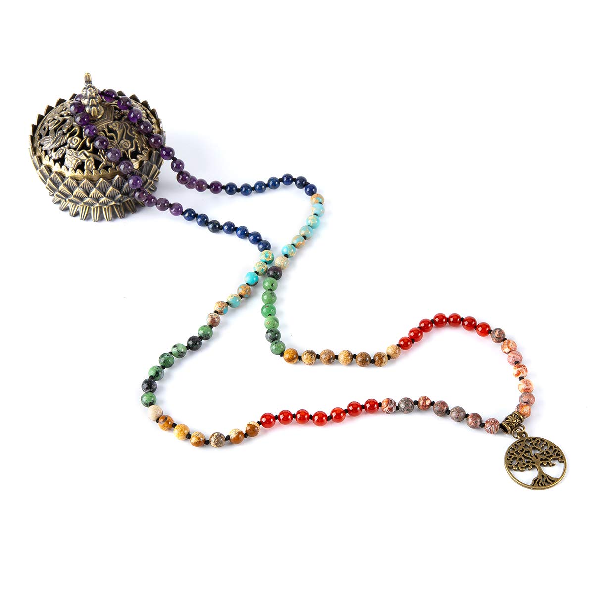 7 Chakra 108 Mala Beads Bracelet Real Gemstone Yoga Meditation Hand Knotted Mala Prayer Bead Necklace (6mm / beaded, traditional, 7-chakra, tree of life)