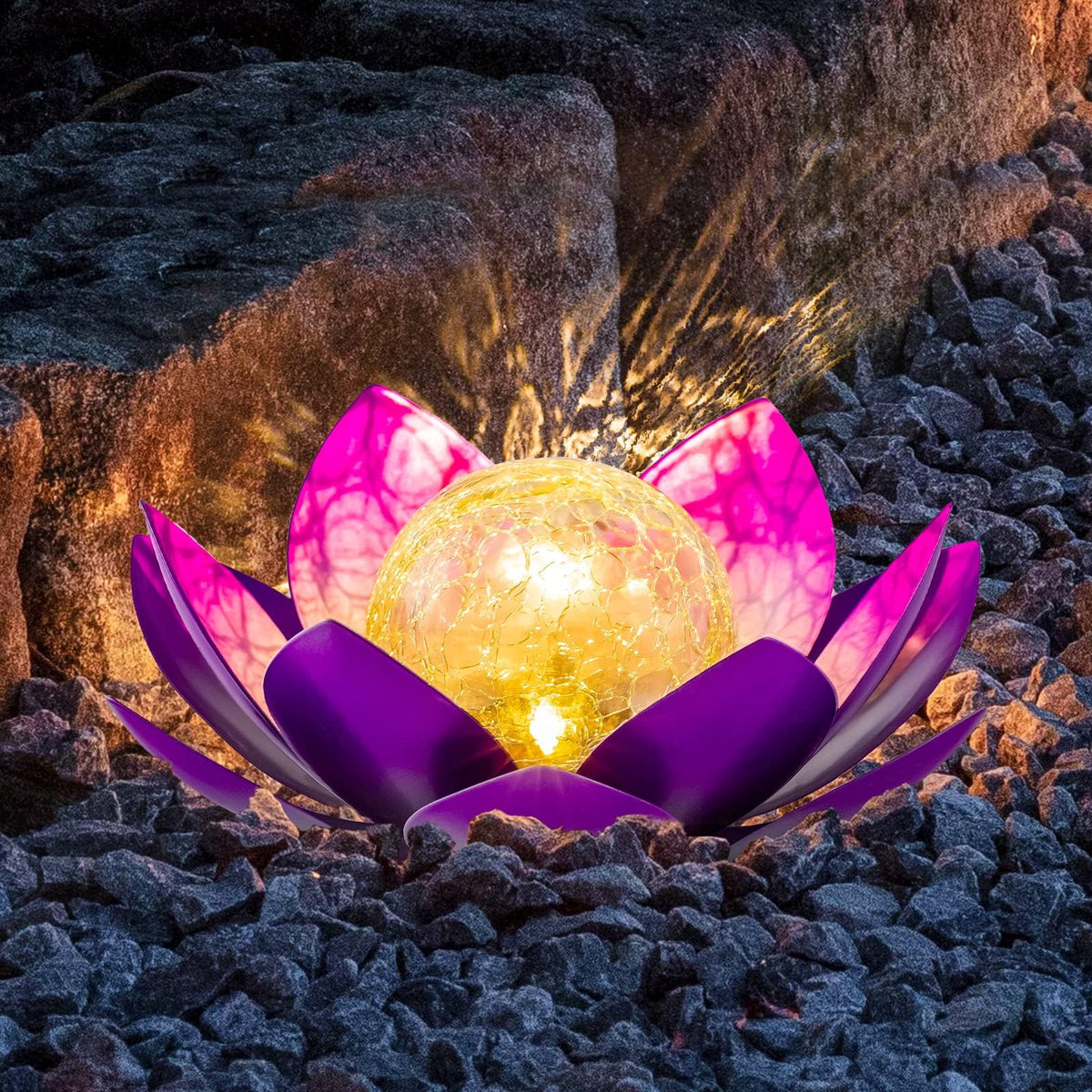 Solar Light Outdoor Decor Art Crackle Globe Glass Lotus Decoration (Purple)