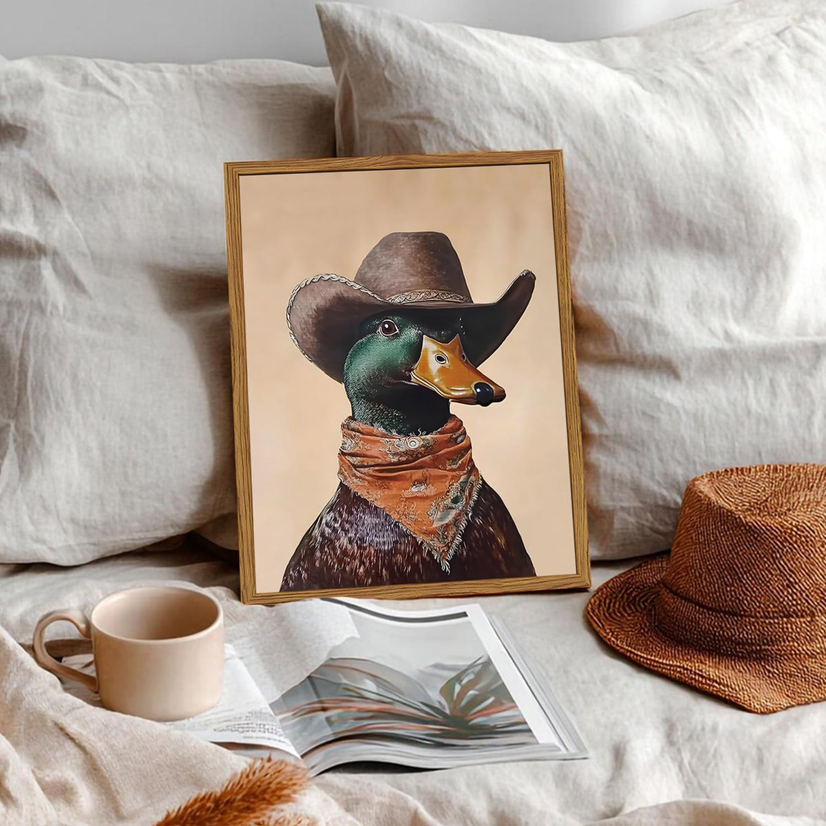 Framed Vintage Western Duck Wall Art (Cowboy Mallard Duck / 16"L x 12"W)