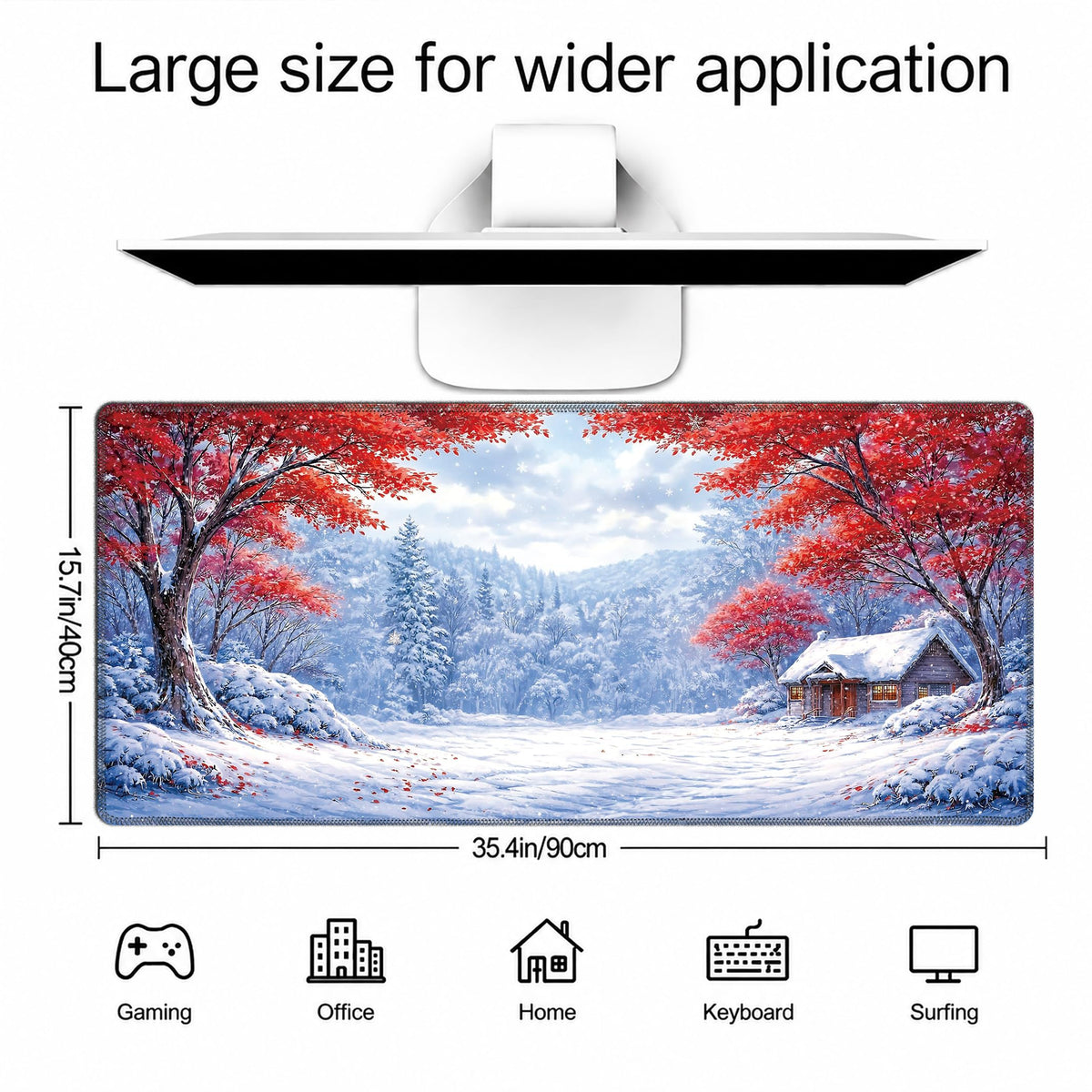 Snowy Forest Large Gaming Mouse Pad Desk Mat Extended Mousepad (Red maple snow scene / 35.4L x 15.7W inches)