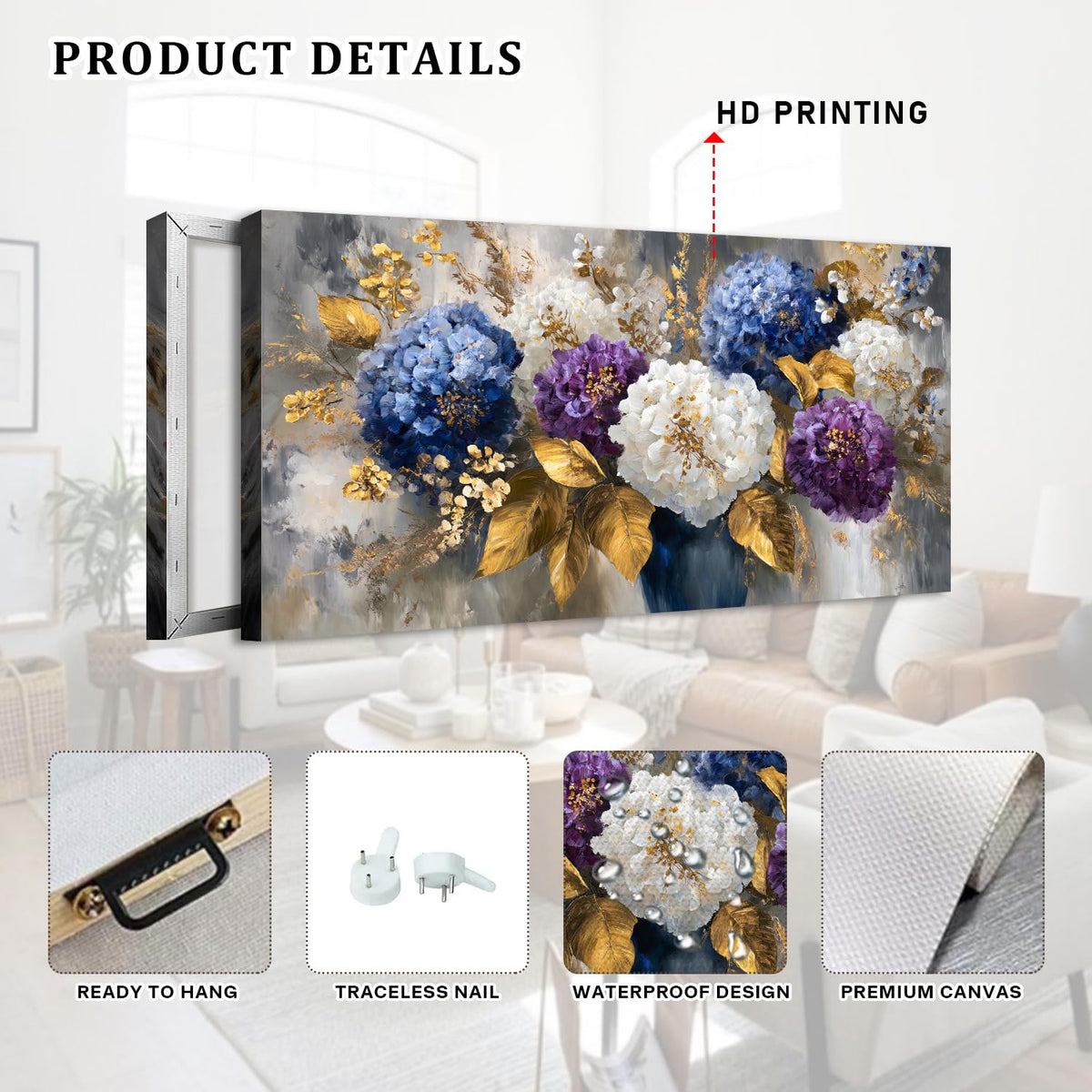 Watercolor Hydrangea Wall Art Bedroom Wall Decor Colorful Bouquet Picture Abstract Flowers Bathroom Canvas Painting Hydrangeas Flower Modern Still Life Floral Artwork Living Room Decoration 24x48” (48"L x 24"W / Hydr)