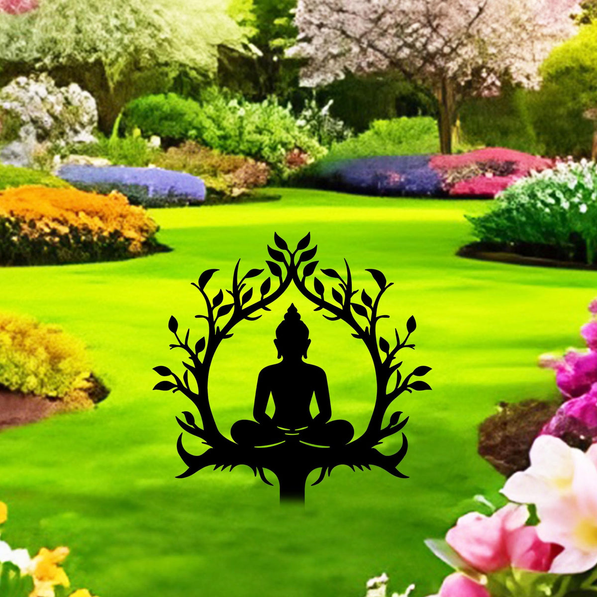 Zen Buddha Metal Garden Stake Decor (Black)