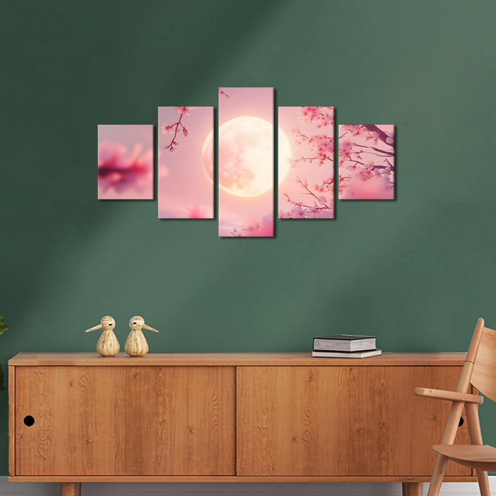 Wall Art Canvas Print Celestial Sakura Dance Framed Artwork Moonlit Blossom Painting Asian Inspired Decor Living Room Wall Display Ethereal Spring Night Ready To Hang 60" Wx32 H (60''Wx32''H / Artwork-15)