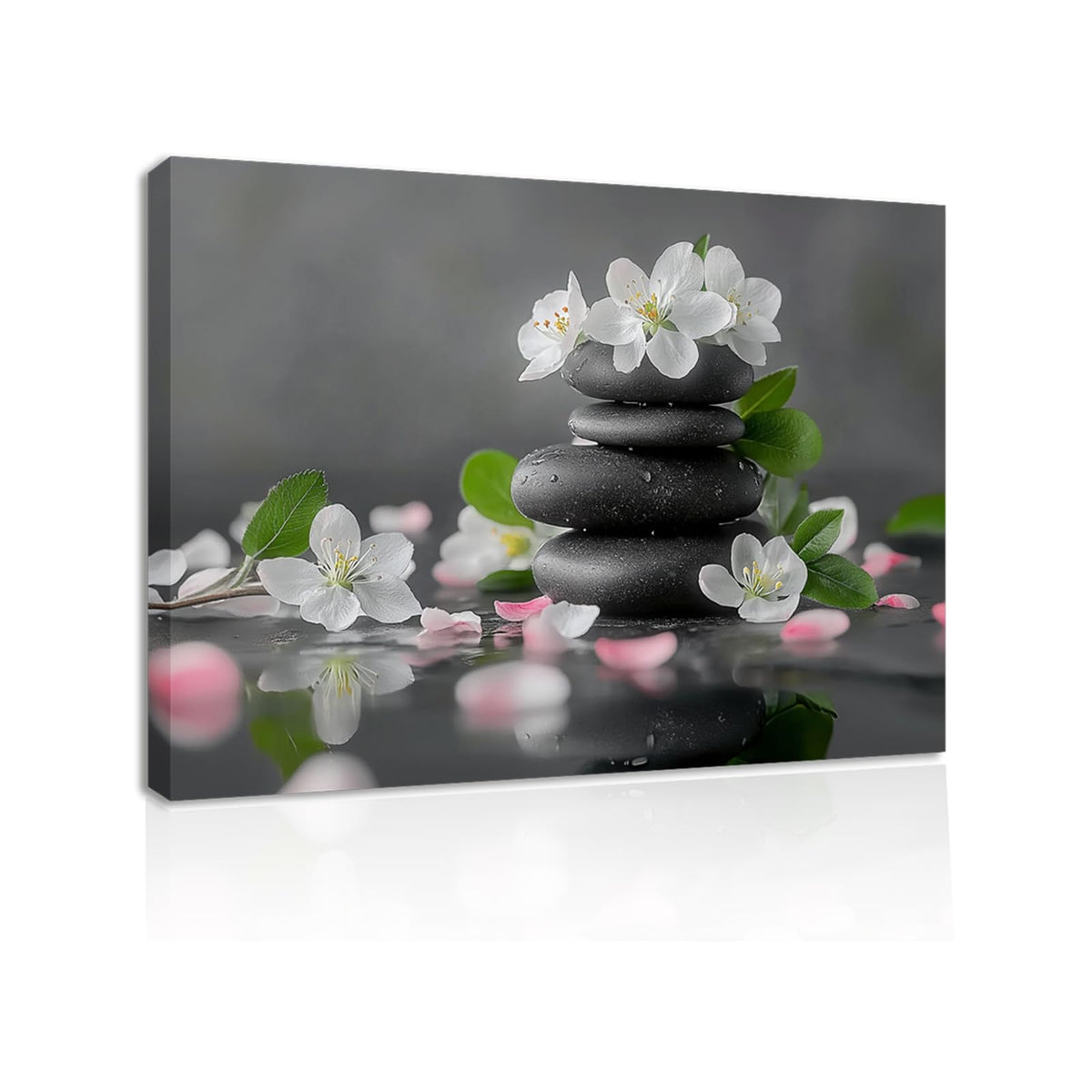 Zen Garden Canvas Wall Art Black Stone White Flowers Painting Framed Artwork Poster for Yoga Meditation Room Spa Bathroom Decor (WE000050-7 / 36"L x 24"W)