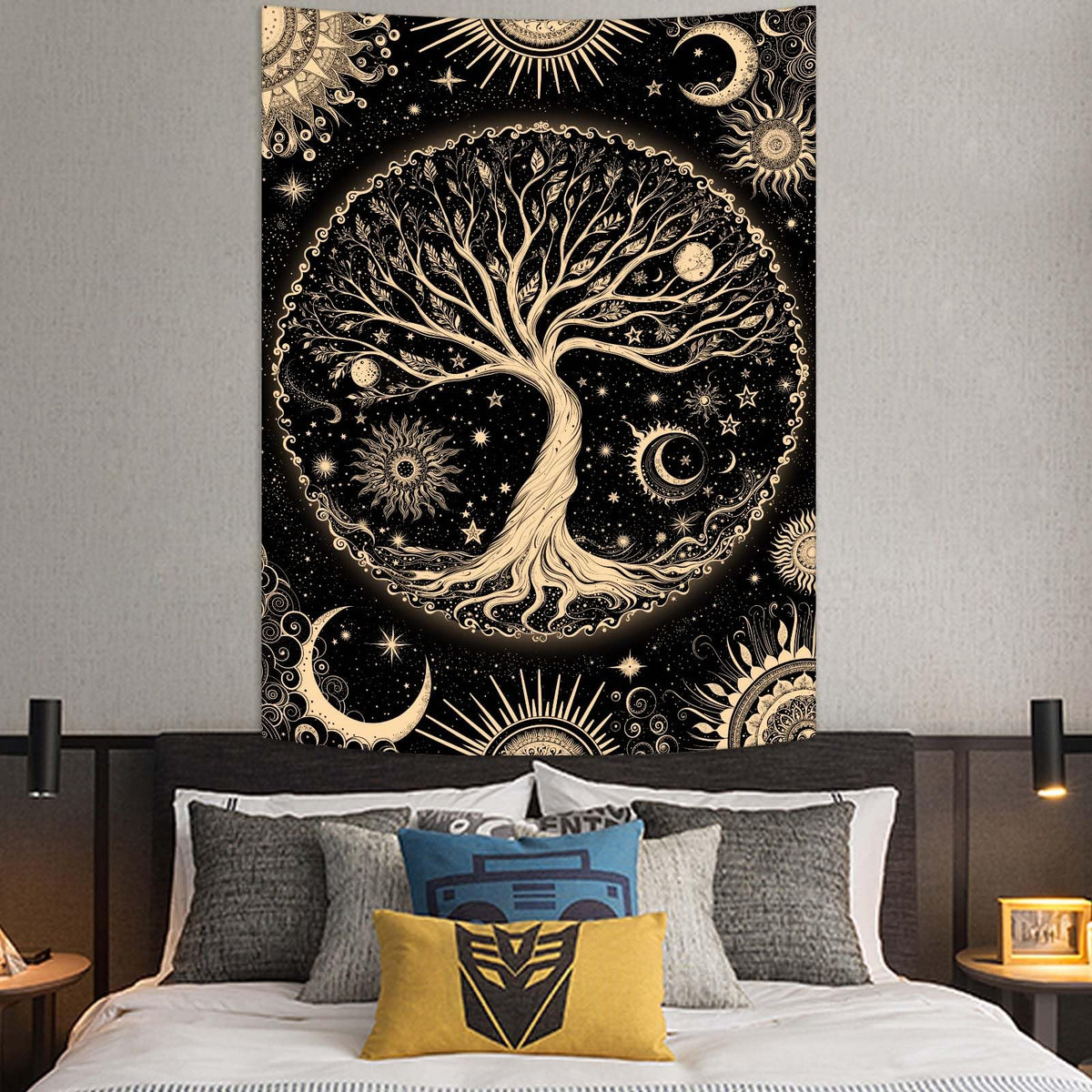 Tree of Life Tapestry Starry Sky Wall Tapestry (Golden Black / 60"L x 44"W)