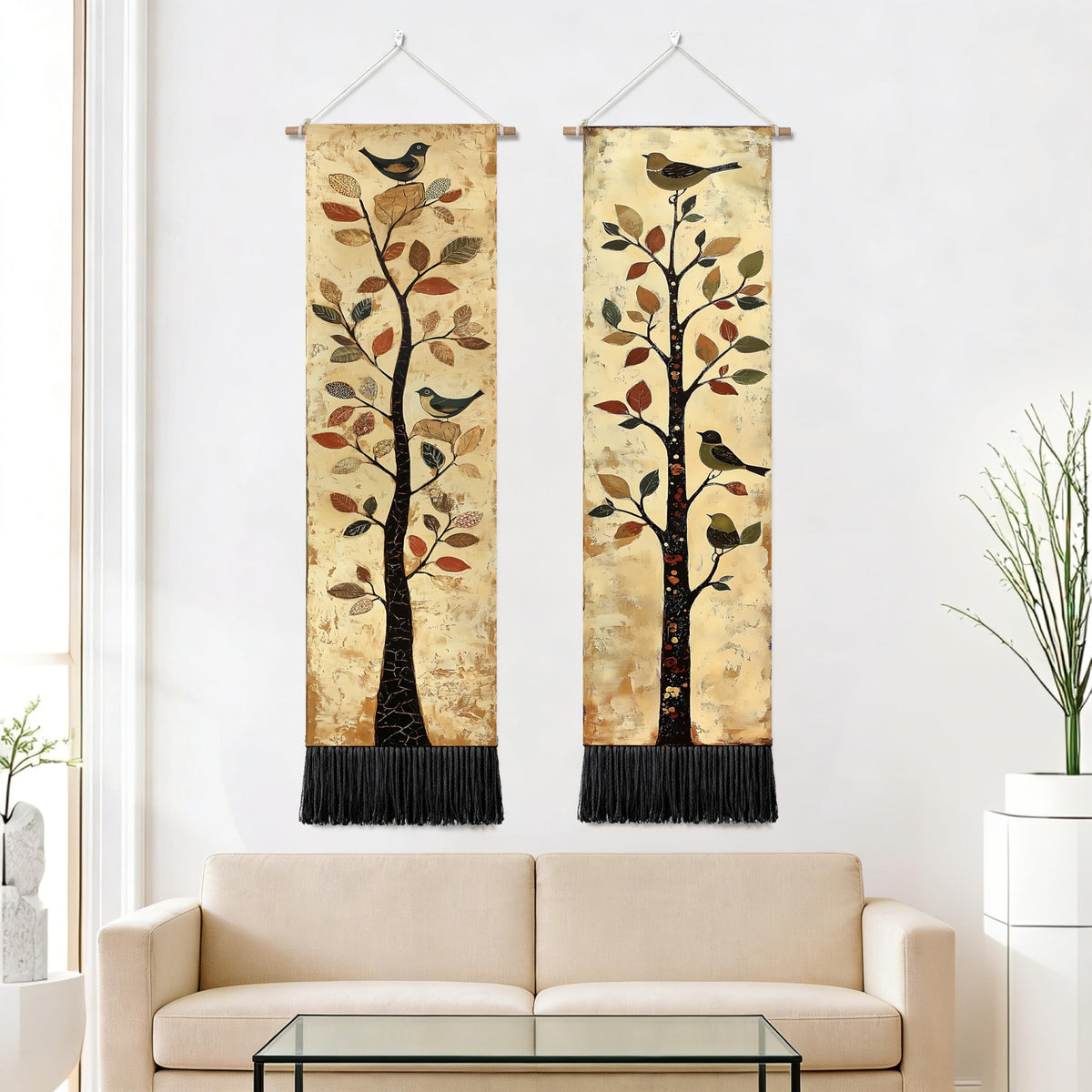2 Pack Long Vertical Wall Tapestry (Vintage Bird Tree / 13"Wx51"H)