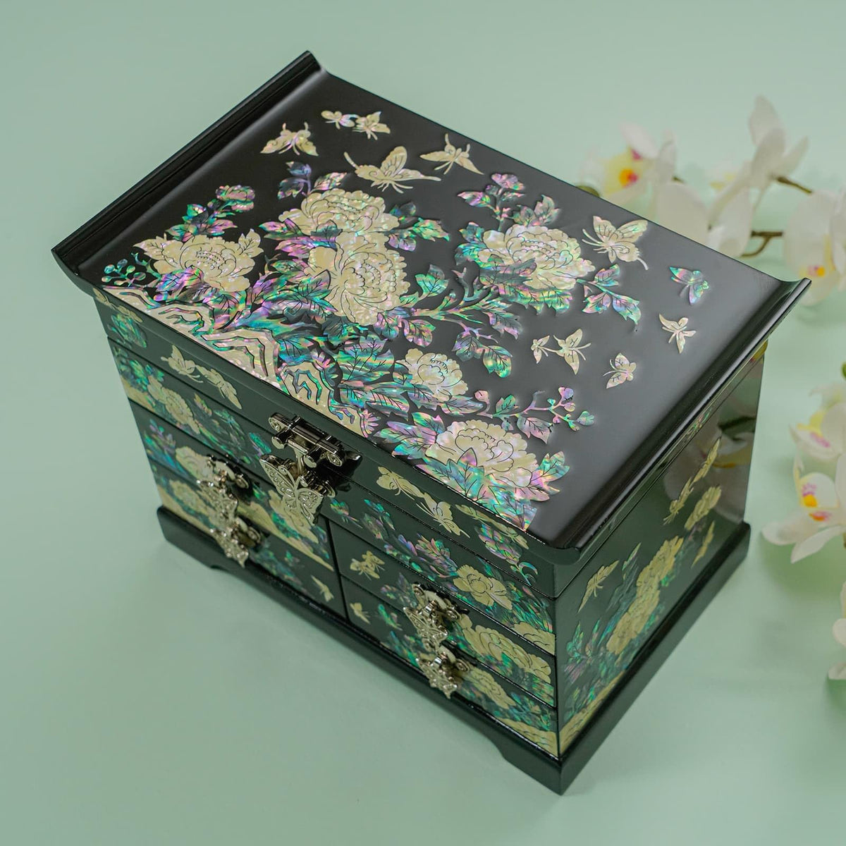 Mother of Pearl Jewelry Box with Traditional Mother of Pearl Inlay (Black)