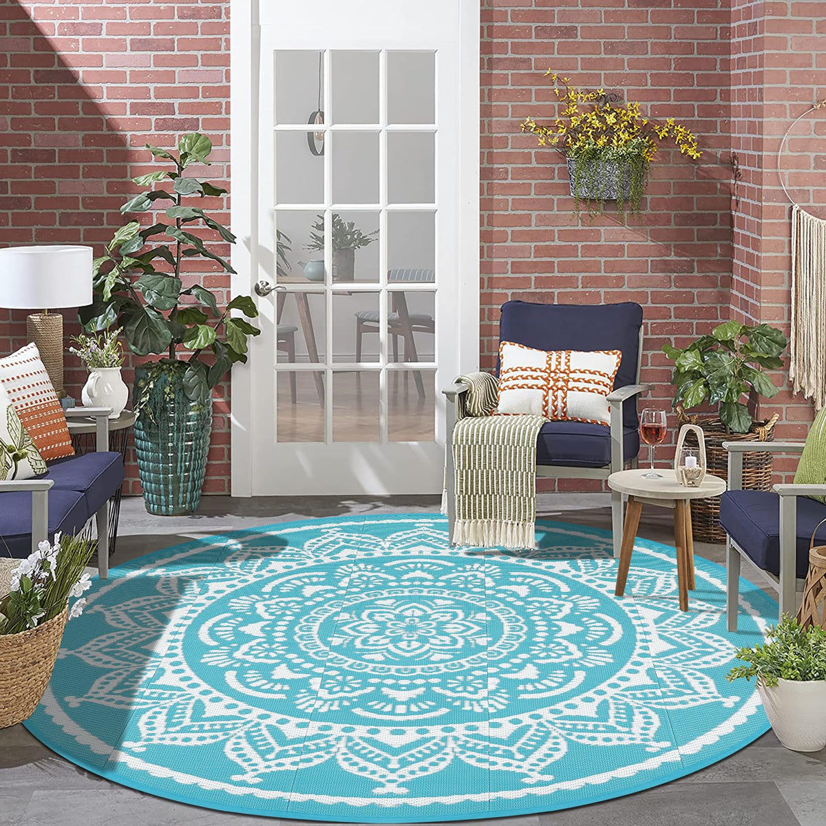Waterproof Outdoor Rug 6ft Round Reversible Boho Plastic Straw Patio Deck Camping Rugs (Flower Teal / 6' (Round))