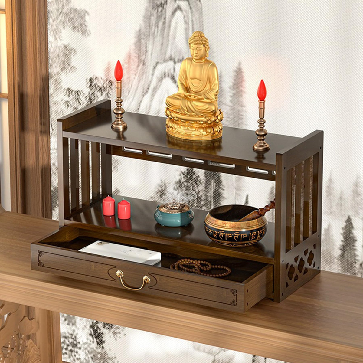 Low 3 Tier Meditation Table with Drawer (Walnut Color / 20.4”W)