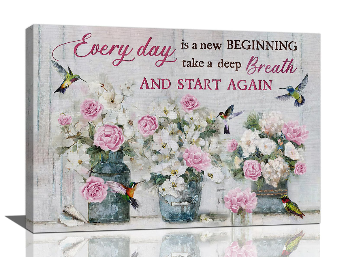 Farmhouse Flower Bathroom Decor Wall Art Pink Rose Pictures Painting Rustic Floral Canvas Prints Everyday is a New Beginning Modern Artwork Home Decoration for Bathroom Bedroom Office 24"x16" (Pink Rose / 24"L x 16"W)