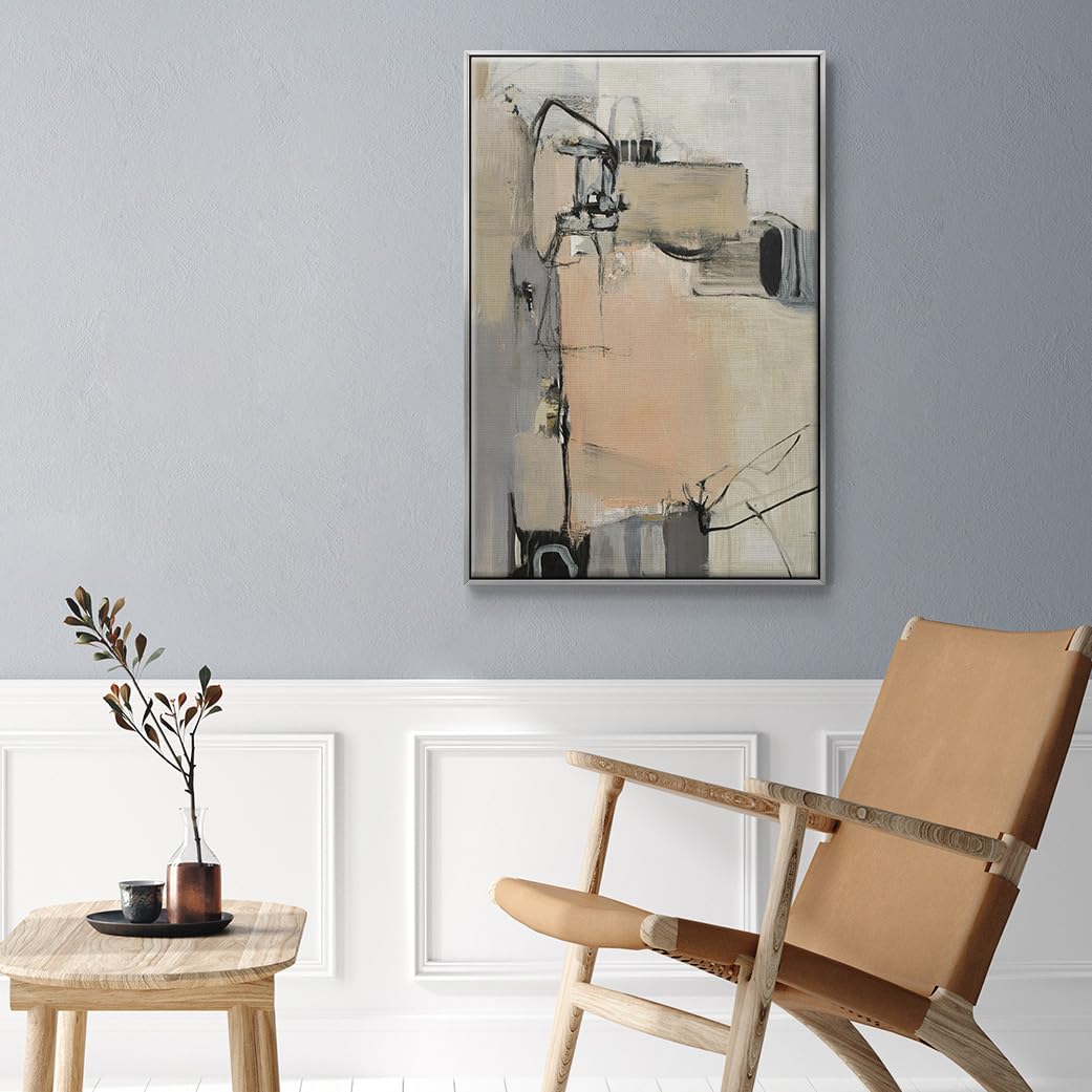 Abstract Wall Art Silver Floating Frame Prints for Home Decor Black Brown Sandstone Markings Canvas Modern Paintings for Office Bedroom Kitchen Walls (37"L x 25"W / Sandstone)