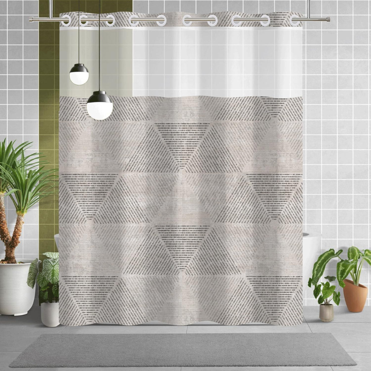 Taupe Abstract Geometric Hook Free Shower Curtain with Snap in Liner (Geometric-4)