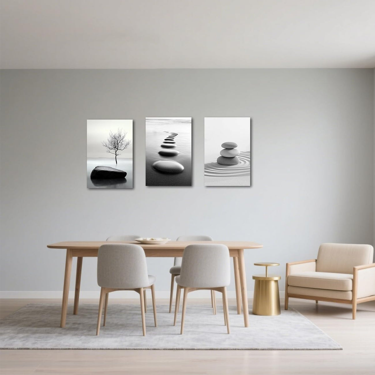 Black and White Zen Wall Art 3 Pieces Stones in Water Picture Canvas Print for Bathroom Spa Stone Painting Yoga Meditation Room Decor Framed (White / 12x16inchx3 Pieces)