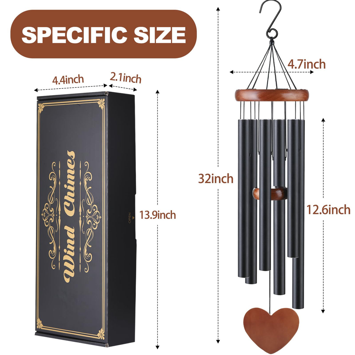 Black Metal Wind Chimes Outdoor Large (Black - Heart Shape Design)