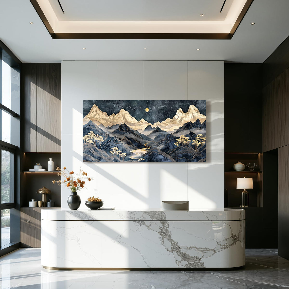 Modern Mountain Large Wall Art for Living Room Luxury Black Gold (Indigo Golden Mountain / 48"L x 24"W)