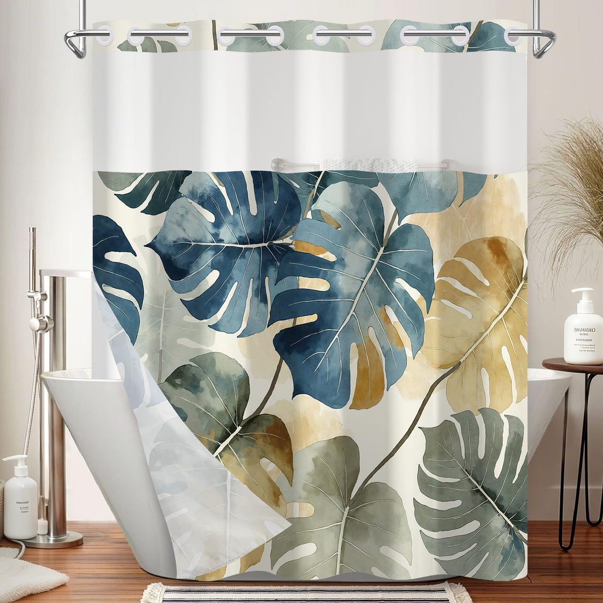 No Hook Shower Curtain with Snap in Liner (Watercolor Monstera Leaf)