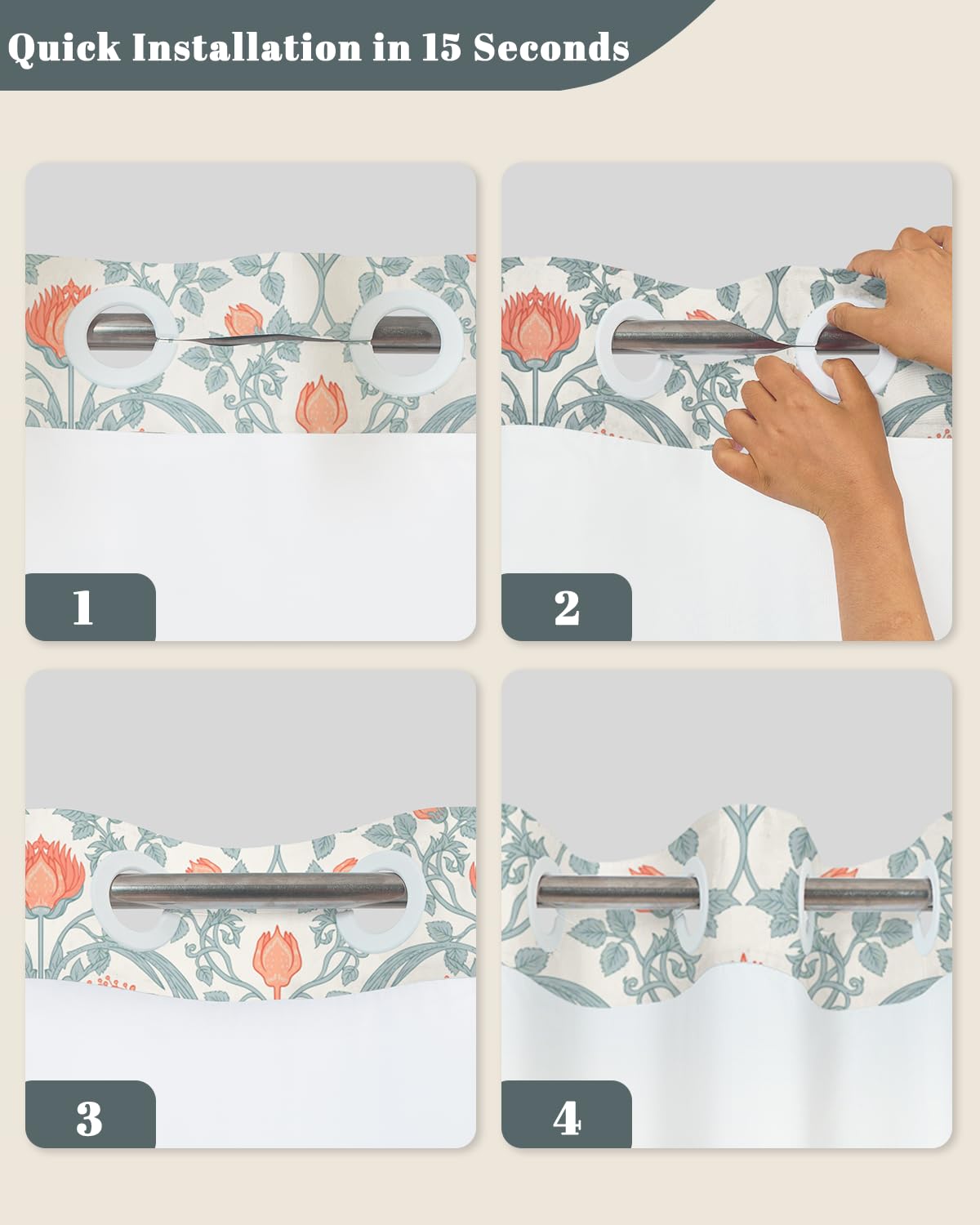 Floral Shower Curtain with Snap in Removable Liner (Retro Floral)