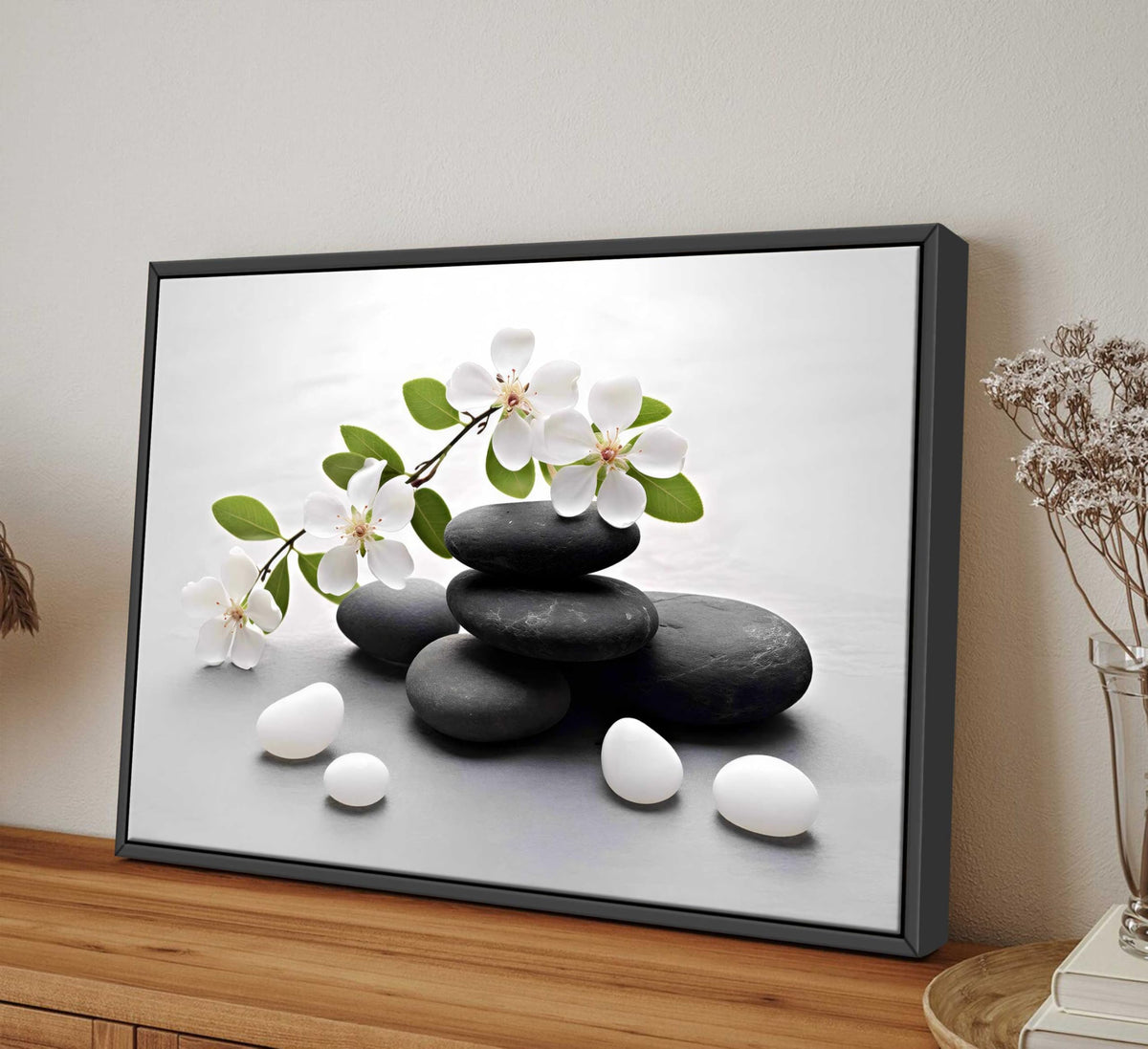 Framed Zen Stone Flower Canvas Wall Art Orchid Flower Black White Zen Stone Picture Wall Decor Still Life Poster Print Artwork for Bathroom Yoga Room Spa Room Meditation Room Office Home Decoration (Framed Stone / 10"L x 8"W)