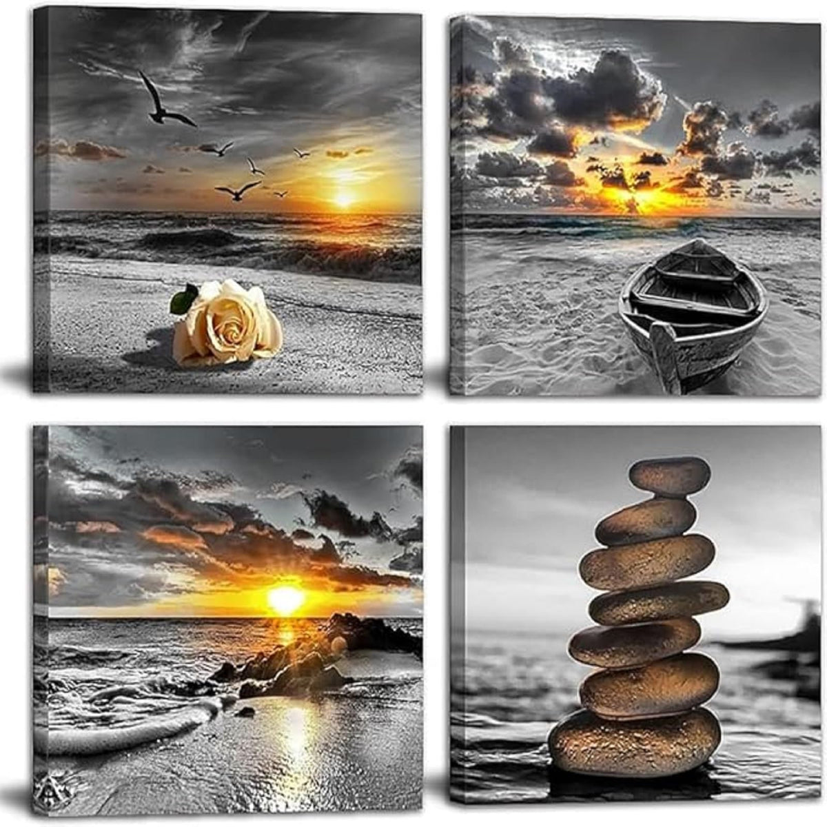 Black and White Gold Wall Decor Sea Sunset Beach Wall Art Seascape Zen Painting Sunrise Picture Ocean Canvas Print for Living Room Bedroom Bathroom Home Wall Decoration Framed Art (Ablack and white1 / 12"x12"inchesx4Pcs)