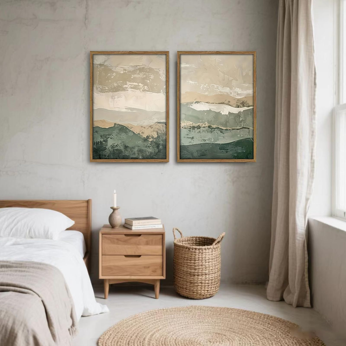 Green Abstract Landscape Wall Art Japanese Textured Mountain Canvas Print (Gray Green / 12x16 Inches)